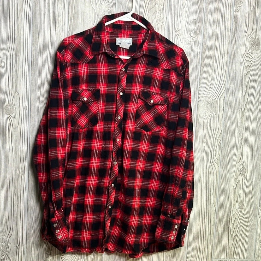 Wrangler Mens Red Plaid Pockets Long Sleeves Casual Button Up Shirt Size XL